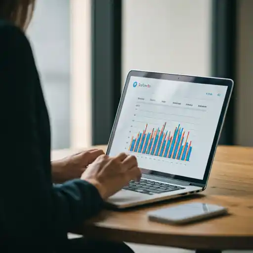 Professional looking at data analytics dashboard on laptop screen representing Google Ads management